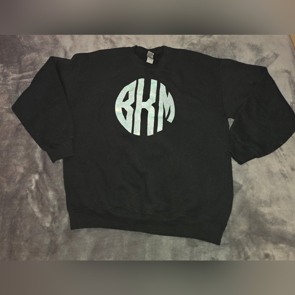 GILDAN (Size L) Black Crewneck Sweater with BKM Monogram In Blue Glitter